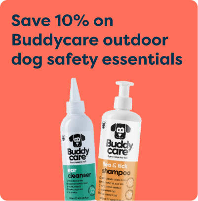 Promo for Buddycare outdoor dog safety products with ear cleanser and flea shampoo on a coral background. Save 10% offer highlighted.