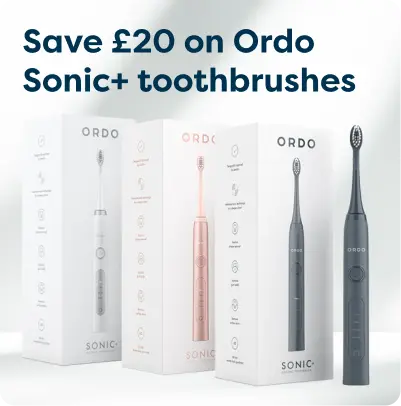 Ordo Sonic+ toothbrushes in white, rose gold, and black are shown with boxes. Text: "Save £20 on Ordo Sonic+ toothbrushes."