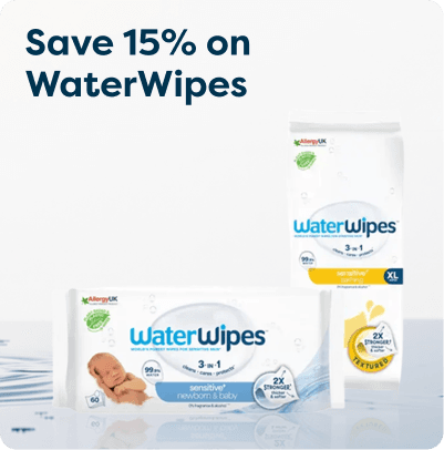 Save 15% on WaterWipes at Pharmacy2U. Two packs of WaterWipes baby wipes, including a Newborn pack and an XL pack, are displayed.