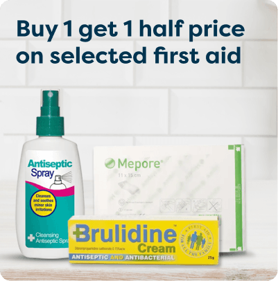Buy 1 Get 1 Half Price on selected first aid products at Pharmacy2U. First aid products including antiseptic spray, Mepore dressings and Brulidine cream are displayed.