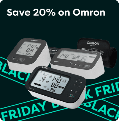 Three Omron blood pressure monitors displayed with a Black Friday banner and a "Save 20% on Omron" text above.