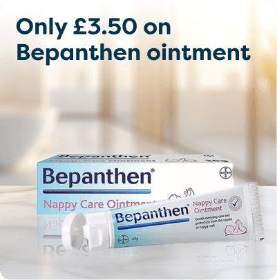 Bepanthen £3.50 at Pharmacy2U. A box and tube of Bepanthen Nappy Care Ointment are displayed.