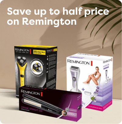3 Remington product boxes displayed with a plant, offering a discount of up to half price.