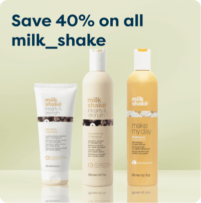 Save 40% on all milk_shake at Pharmacy2U. Three milk_shake haircare products, including shampoos and a conditioner, are displayed.