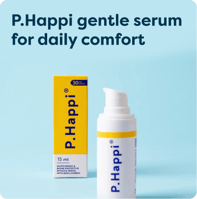 P. Happi gentle serum bottle and box on a light blue background with text: "P.Happi gentle serum for daily comfort."