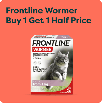Packaging of Frontline Wormer for cats against roundworms and tapeworms, with a buy 1 get 1 half price offer displayed above.