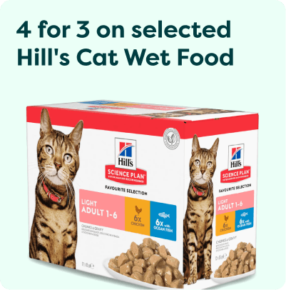 Hill's Cat Wet Food packaging with a cat image and a "4 for 3" promotional offer in bold letters above.