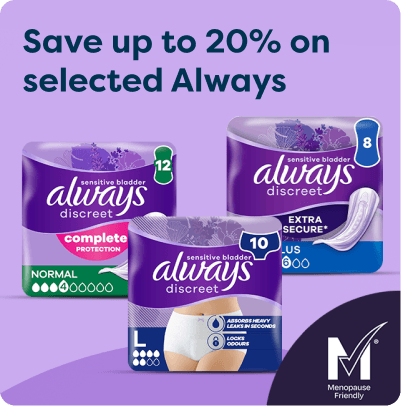 Packaging for Always Discreet products with a 20% savings offer; includes protection pads and underwear. Menopause-friendly label visible.