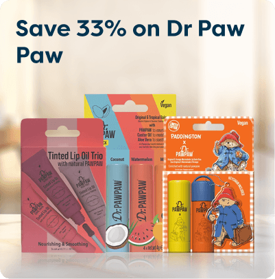 Save 33% on Dr. PAWPAW at Pharmacy2U. Dr. PAWPAW products, including a lip oil trio and Paddington-themed balms, are displayed.