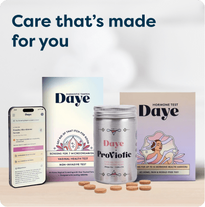 Daye products at Pharmacy2U. A selection of women's health products, including a vaginal microbiome test, hormone test, probiotic supplement and smartphone app, are displayed.