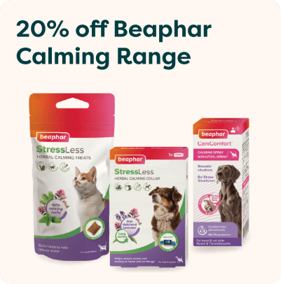 Pet calming products including treats, collar, and spray by Beaphar, featuring cats and dogs, with "20% off" in bold text above.