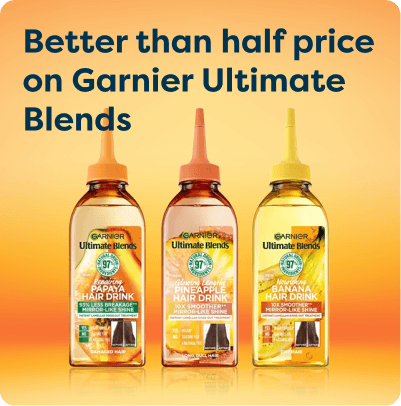 Better than half price on Garnier Ultimate Blends at Pharmacy2U. Three Garnier Ultimate Blends Hair Drinks hair treatments in Papaya, Pineapple and Banana are displayed.