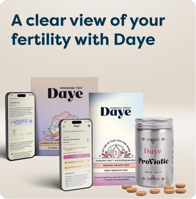 Get a complete view of your fertility with Daye at Pharmacy2U. Daye fertility products, including hormone test kits, vaginal health tests, probiotics and smartphones displaying the Daye app, are displayed.
