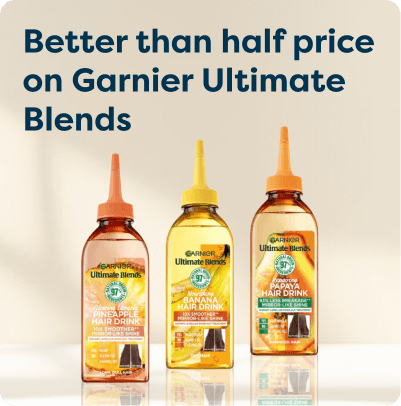 Better than half price on Garnier Ultimate Blends at Pharmacy2U. Three Garnier Ultimate Blends Hair Drink products in Pineapple, Banana and Papaya are displayed.