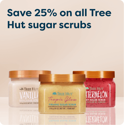 Save 25% on all Tree Hut Sugar Scrubs at Pharmacy2U. Three Tree Hut Sugar Scrubs in Vanilla, Tropic Glow and Watermelon are displayed.