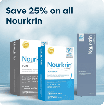 Save 25% on all Nourkrin at Pharmacy2U. Boxes of Nourkrin hair growth products are displayed on a soft blue background.