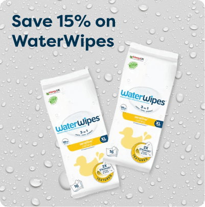Save 15% on WaterWipes at Pharmacy2U. Two packs of WaterWipes XL baby wipes are displayed.
