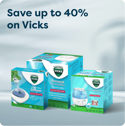 Save up to 40% on Vicks at Pharmacy2U. Vicks products, including a diffuser, personal humidifier and Mini Cool Mist humidifier, are displayed.