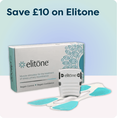 Save £10 on Elitone at Pharmacy2U. An Elitone pelvic floor muscle stimulator with gel pads and packaging is displayed.