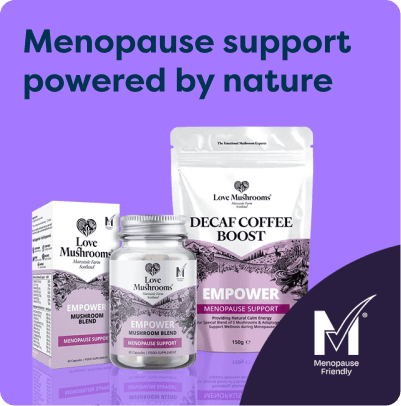 Menopause support, powered by nature at Pharmacy2U. Menopause support products, including Empower Mushroom Blend and Decaf Coffee Boost, are displayed.