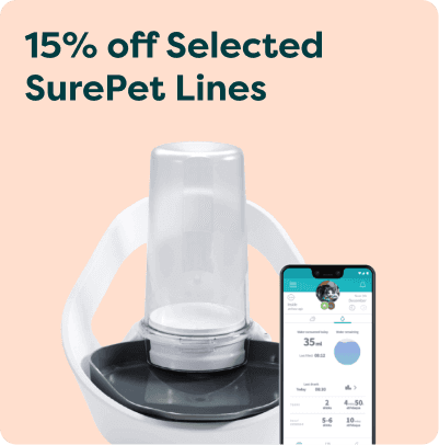 Pet feeder with smartphone app shown, offering "15% off Selected SurePet Lines" on a peach background.