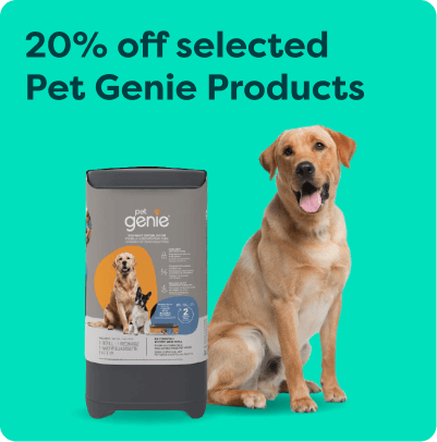 Pet Genie product with a sitting Labrador, offering 20% off, displayed on a turquoise background.