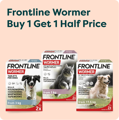 Frontline Wormer promotion displaying three products for dogs and cats with a "Buy 1 Get 1 Half Price" offer.