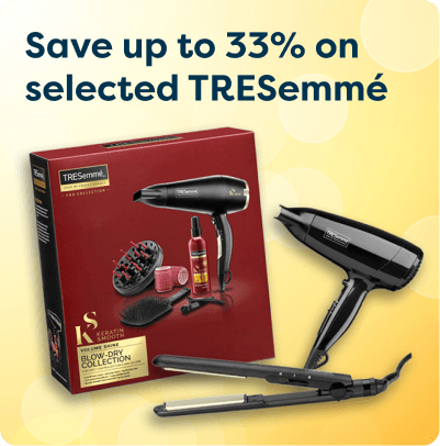 TRESemmé hair styling set with hairdryer, flat iron, and products. Text: "Save up to 33% on selected TRESemmé."