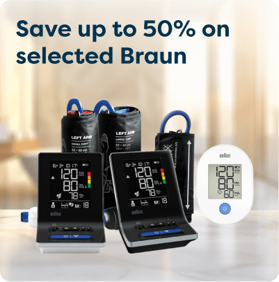 Save up to 50% on selected Braun at Pharmacy2U. Braun blood pressure monitors with cuffs are displayed.