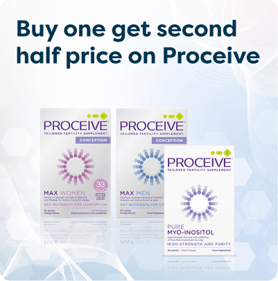 Buy one get the second half price on Proceive at Pharmacy2U. Three Proceive fertility supplement products are displayed.