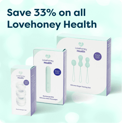 Lovehoney Health products on a display with text offering a 33% discount. Includes a penile bumper set, silicone mini massager, and Kegel toning set.