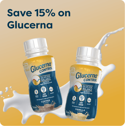 Save 15% on Glucerna at Pharmacy2U. Two bottles of Glucerna Control nutritional drink in Coffee and Vanilla flavours are displayed.