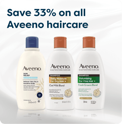 Save 33% on Aveeno haircare at Pharmacy2U. Three Aveeno haircare products featuring different formulations are displayed.