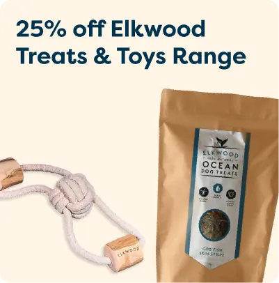 Promotion for 25% off Elkwood Treats & Toys Range, featuring a rope toy and a bag of cod fish skin strips dog treats.
