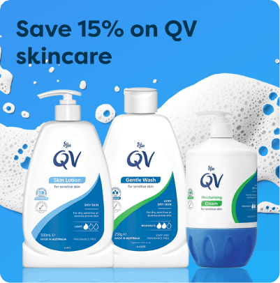 Promotion for 15% off QV skincare products, featuring lotion, gentle wash, and moisturizing cream against a blue, foamy backdrop.