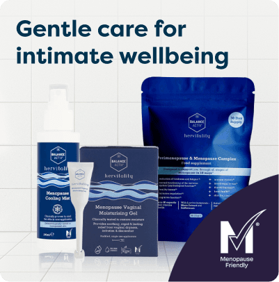 Balance Activ at Pharmacy2U. Balance Activ intimate wellbeing products, including menopause vaginal moisturising gel, cooling mist and menopause complex, are displayed.