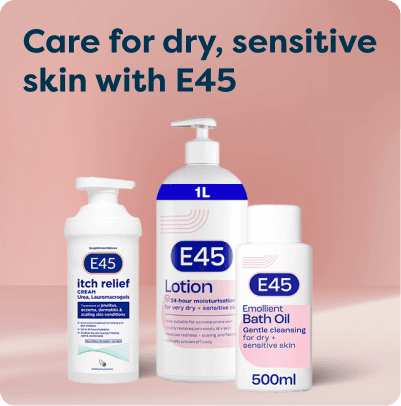 Three E45 skincare products to care for dry, sensitive skin, including an itch relief cream, lotion, and bath oil.
