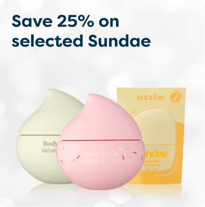 Save 25% on selected Sundae at Pharmacy2U. Two Sundae Body Whip products and a Sundae body mist are displayed.