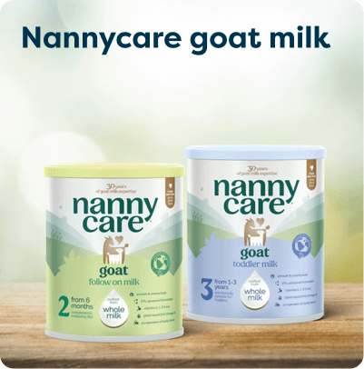 Nannycare goat milk formula at Pharmacy2U. Two tins of Nannycare goat milk formula for babies from 6 months and young children aged 1–3 years are displayed.