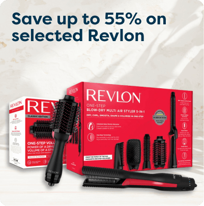 Revlon hair styling tools displayed with packaging, promoting up to 55% savings.