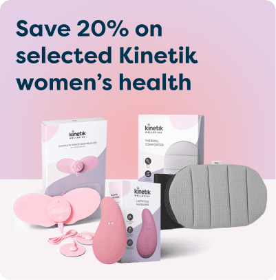 Save 20% on selected Kinetik Women's Health at Pharmacy2U. Kinetik women's health products, including a lactation massager and a thermal comfort pad, are displayed.