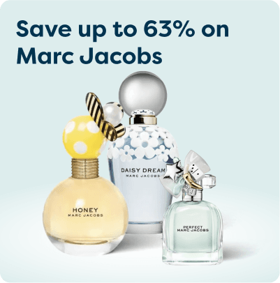 Save up to 63% on Marc Jacobs at Pharmacy2U. Three Marc Jacobs fragrances are displayed.