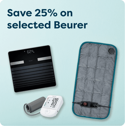 Save 25% on selected Beurer at Pharmacy2U. A selection of Beurer health and wellbeing products, including a digital scale, blood pressure monitor and heated pad, is displayed.
