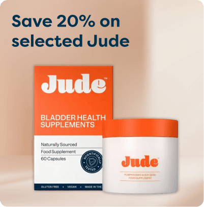 Save 20% on selected Jude at Pharmacy2U. Jude bladder health supplement products are displayed.