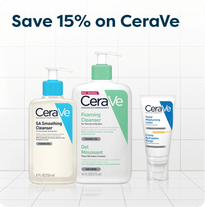 Save 15% on CeraVe at Pharmacy2U. Three CeraVe skincare products are displayed on a tiled surface.