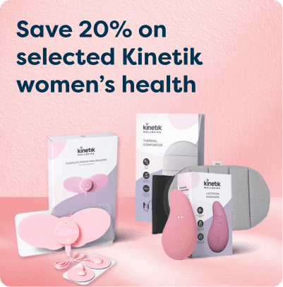 Save 20% on selected Kinetik Women's Health at Pharmacy2U. A selection of Kinetik women's health products, including pain relief pads and a lactation massager, is displayed.