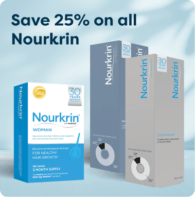 Save 25% on all Nourkrin at Pharmacy2U. Nourkrin hair growth products, including supplements, shampoo and conditioner, are displayed on a light blue background.