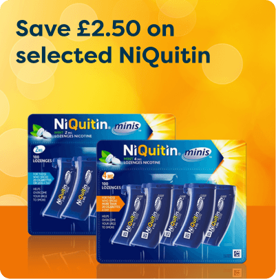Save £2.50 on selected NiQuitin at Pharmacy2U. Two packs of NiQuitin Minis nicotine lozenges are displayed.