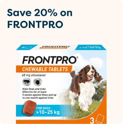 Frontpro chewable tablets for dogs 10-25 kg, 68 mg afoxolaner. Kills fleas and ticks. Save 20%. Image shows a happy dog outdoors.