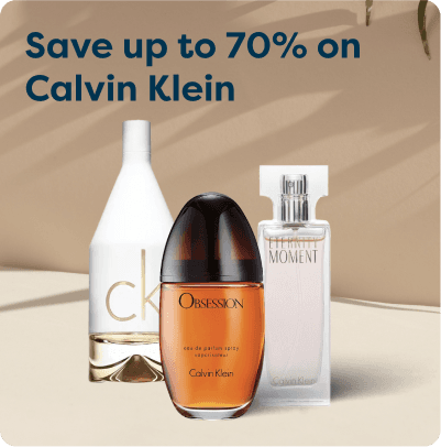 Save up to 70% on Calvin Klein at Pharmacy2U. Three Calvin Klein fragrances are displayed.